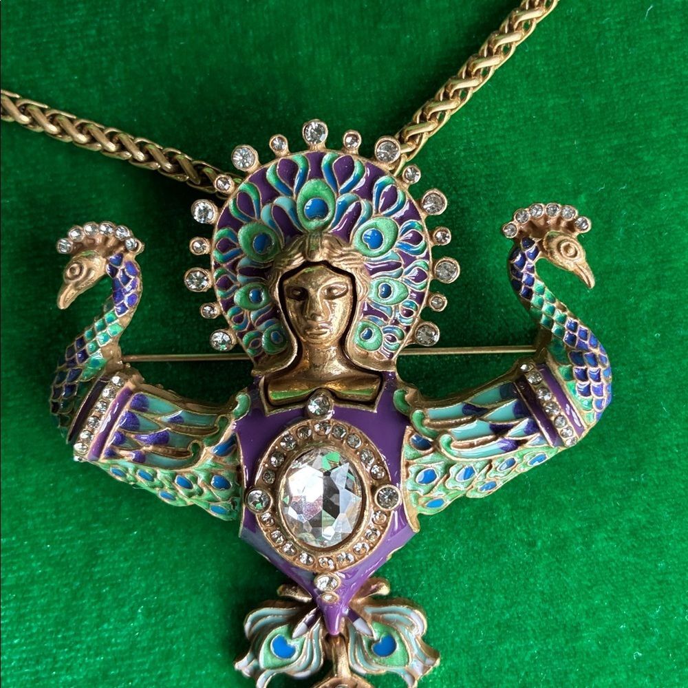 NEW Art Noveau Juno & peacocks signed HEIDIK9 set of necklace/earrings goldtone - Picture 3 of 16